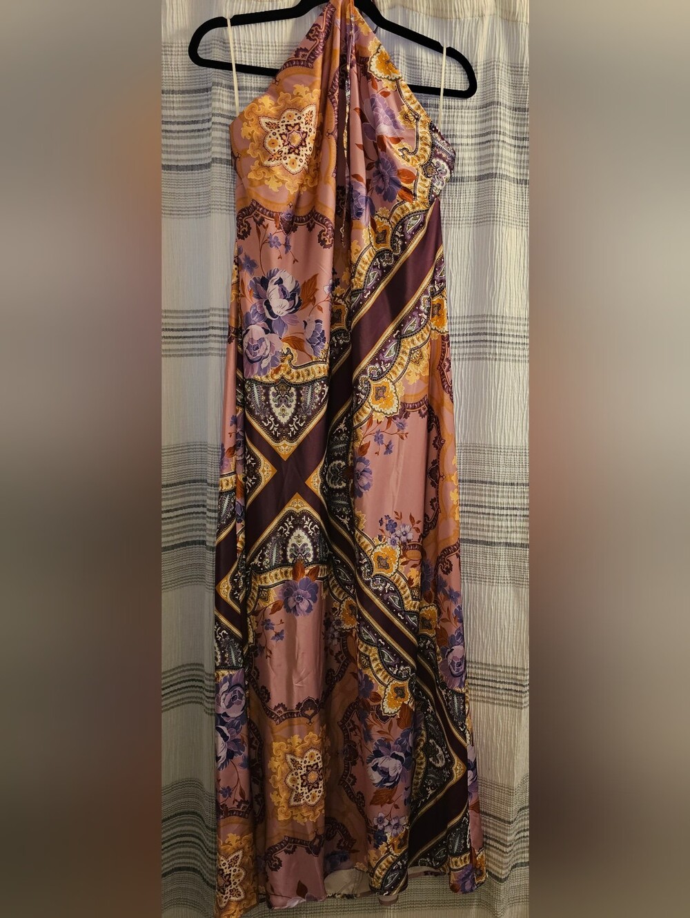 Morgan & Co. Boheimian Print Halter Maxi Dress in Pink, Purple & Gold Paisley